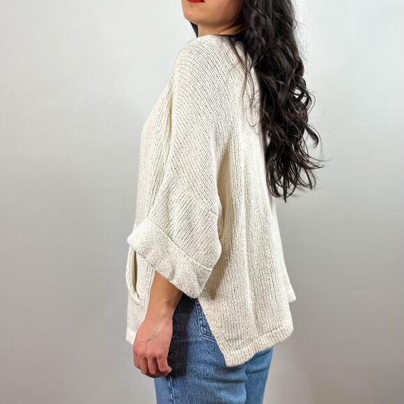 Free People Cream Oversized V-Neck Open Knit Front Pocket Sweater - Picture 3 of 7